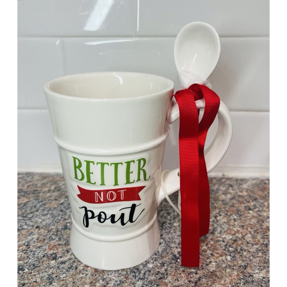 Christmas Better Not Pout Mug W Ceramic Spoon Microwave Dishwasher Safe New